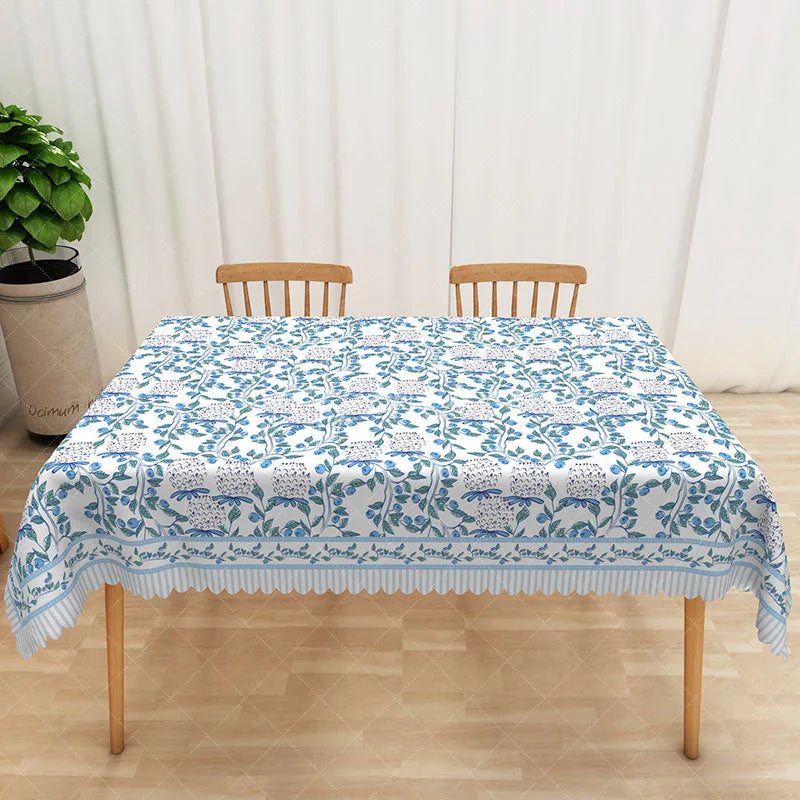 Aperturee - Aperturee Blue and White Floral Rectangle Tablecloth with Stripe Border for French Country and Farmhouse Decor