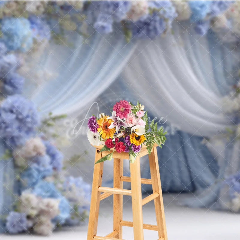 Aperturee - Aperturee Blue and White Floral Wedding Backdrop Sheer Drapes Arch Hydrangea Rose Photo Background for Bridal Shower