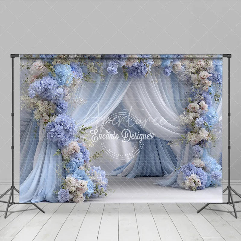 Aperturee - Aperturee Blue and White Floral Wedding Backdrop Sheer Drapes Arch Hydrangea Rose Photo Background for Bridal Shower
