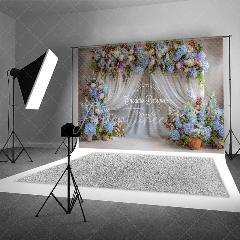 Aperturee - Aperturee Blue and White Floral Wedding Backdrop Sheer White Curtains Arch Hydrangea Photo Background for Bridal Shower