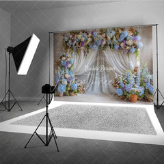 Aperturee - Aperturee Blue and White Floral Wedding Backdrop Sheer White Curtains Arch Hydrangea Photo Background for Bridal Shower