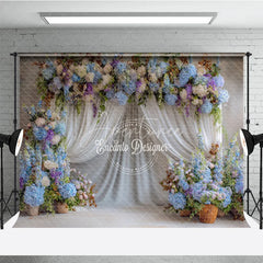 Aperturee - Aperturee Blue and White Floral Wedding Backdrop Sheer White Curtains Arch Hydrangea Photo Background for Bridal Shower