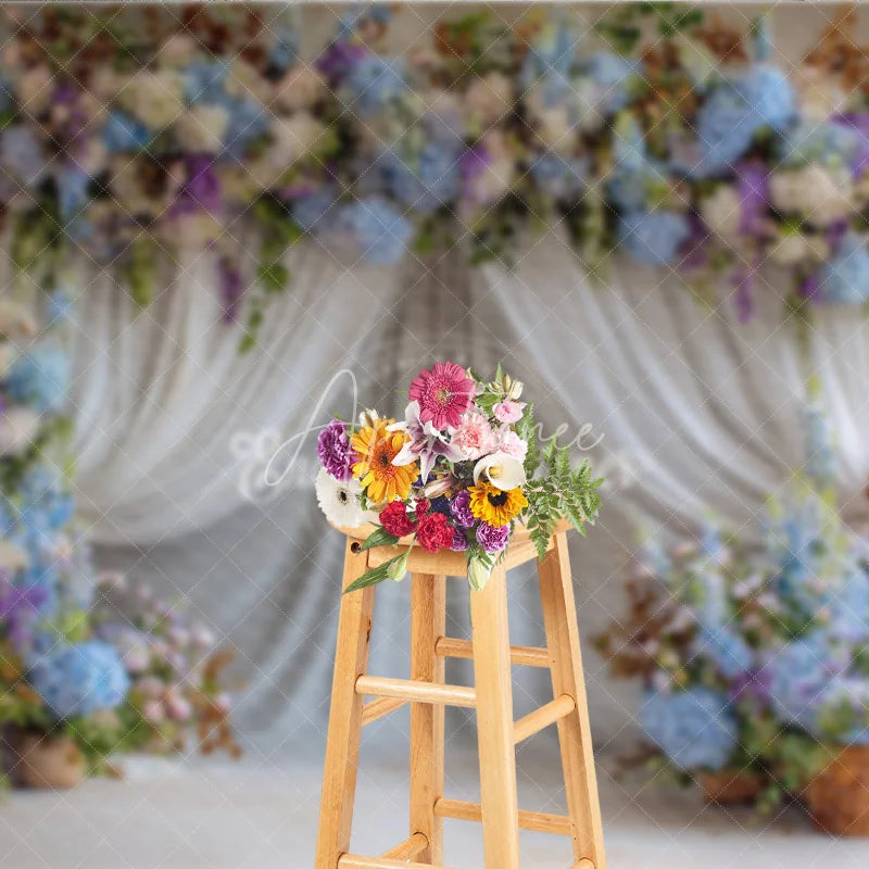 Aperturee - Aperturee Blue and White Floral Wedding Backdrop Sheer White Curtains Arch Hydrangea Photo Background for Bridal Shower