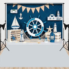 Aperturee - Aperturee Blue and White Nautical Ship Wheel Sailboat Combo Set Backdrop Ocean Adventure Baby Shower Birthday Party