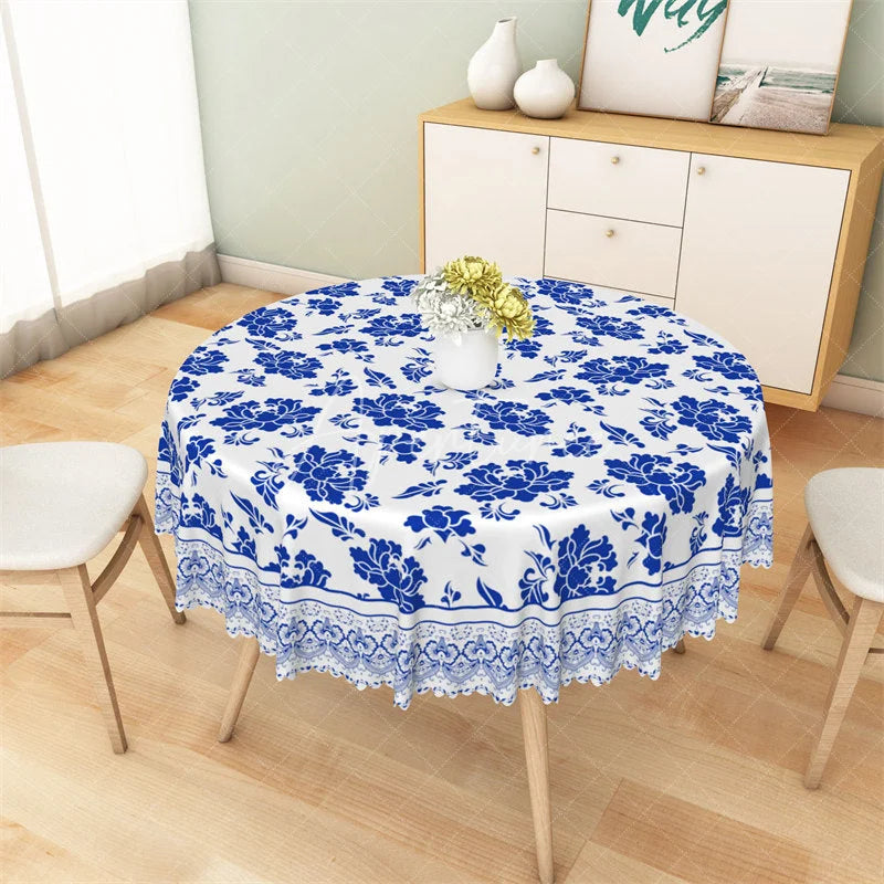 Aperturee - Aperturee Blue and White Porcelain Floral Round Tablecloth Vintage Chinoiserie Flower Table Cover for Wedding