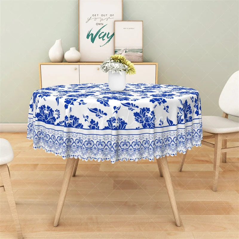 Aperturee - Aperturee Blue and White Porcelain Floral Round Tablecloth Vintage Chinoiserie Flower Table Cover for Wedding