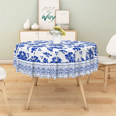 Aperturee - Aperturee Blue and White Porcelain Floral Round Tablecloth Vintage Chinoiserie Flower Table Cover for Wedding