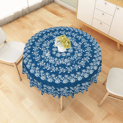 Aperturee - Aperturee Blue and White Rose Mandala Round Tablecloth Mediterranean Style Floral Table Cover for Party