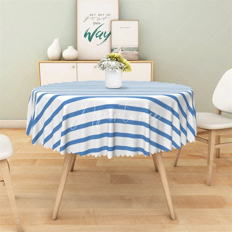 Aperturee - Aperturee Blue and White Striped Round Tablecloth Classic Nautical Pattern Table Cover for Outdoor Picnic