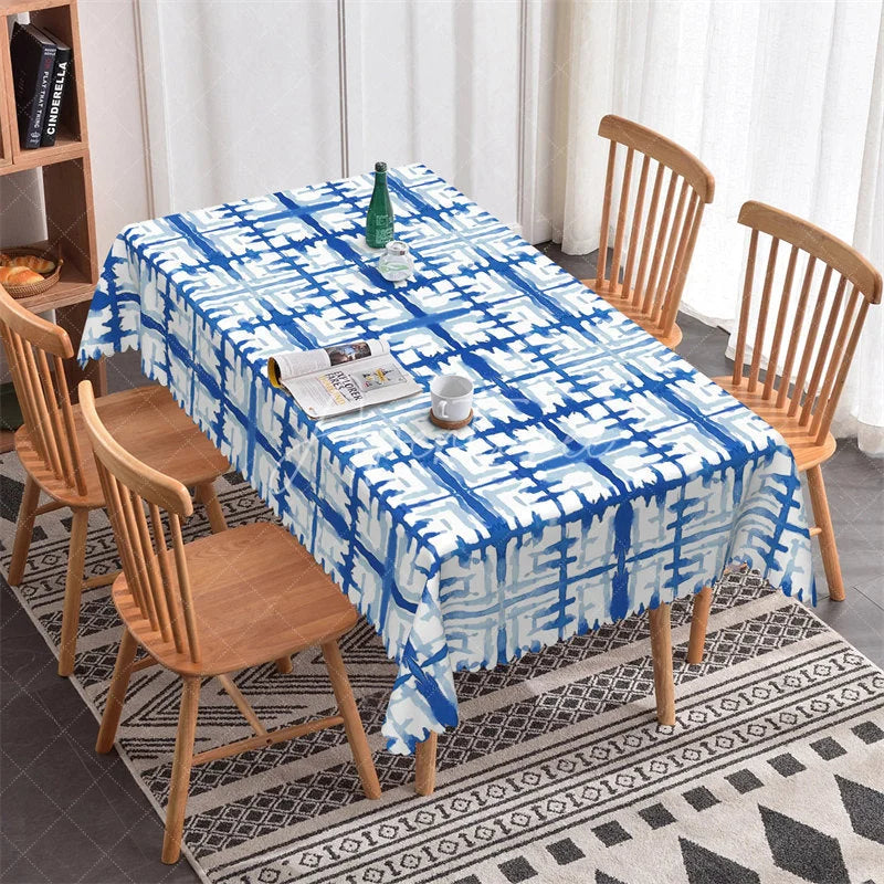 Aperturee - Aperturee Blue and White Watercolor Abstract Plaid Rectangle Tablecloth Modern Dining Kitchen Decor