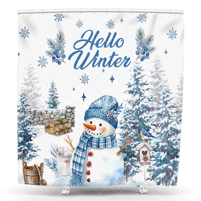 Aperturee - Aperturee Blue and White Watercolor Snowman Hello Winter Shower Curtain Snowy Pine Trees and Winter Berries Decor.