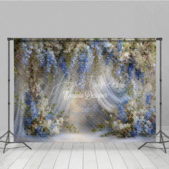 Aperturee - Aperturee Blue and White Wisteria Floral Backdrop Sheer Curtains Wedding Background Elegant Bridal Shower Photo Props