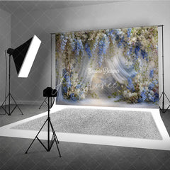 Aperturee - Aperturee Blue and White Wisteria Floral Backdrop Sheer Curtains Wedding Background Elegant Bridal Shower Photo Props