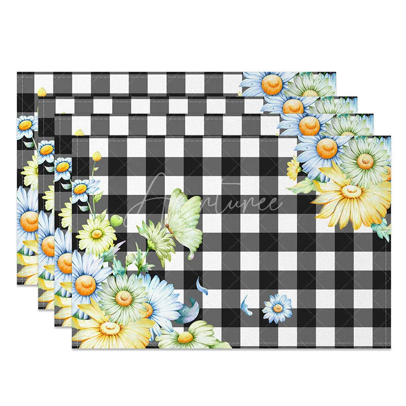 Aperturee - Aperturee Blue and Yellow Floral on Black Plaid Set of 4 Placemats for Farmhouse Country Kitchen Dining Table
