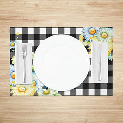 Aperturee - Aperturee Blue and Yellow Floral on Black Plaid Set of 4 Placemats for Farmhouse Country Kitchen Dining Table
