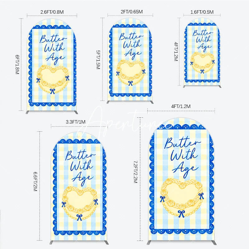 Aperturee - Aperturee Blue and Yellow Gingham Heart Butter With Age Round Top Arch Backdrop Elegant Birthday Party Decor