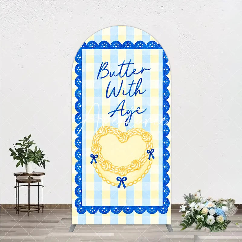 Aperturee - Aperturee Blue and Yellow Gingham Heart Butter With Age Round Top Arch Backdrop Elegant Birthday Party Decor