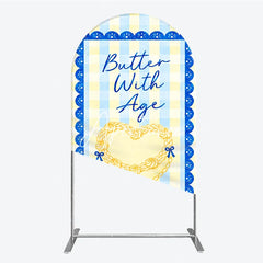 Aperturee - Aperturee Blue and Yellow Gingham Heart Butter With Age Round Top Arch Backdrop Elegant Birthday Party Decor