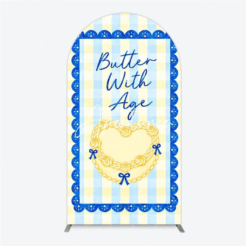 Aperturee - Aperturee Blue and Yellow Gingham Heart Butter With Age Round Top Arch Backdrop Elegant Birthday Party Decor