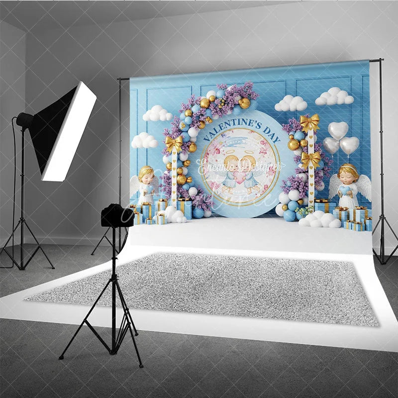 Aperturee - Aperturee Blue Angel Valentine Day Backdrop Cute Cherubs Holding Heart Floral Background Baby Shower Photography Prop