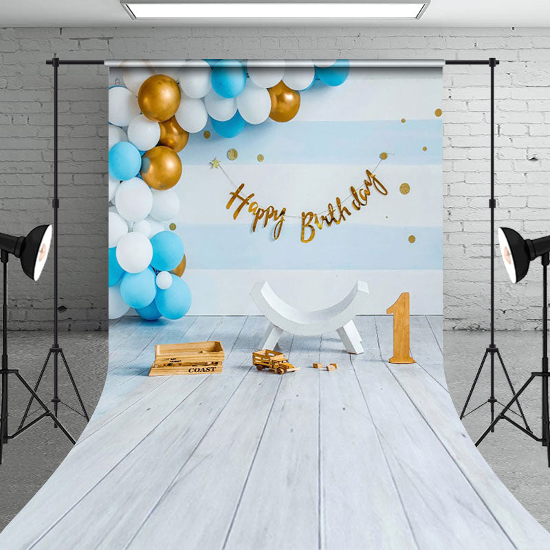 Aperturee - Aperturee Blue Balloon 1St Birthday Happy Sweep Photo Backdrop
