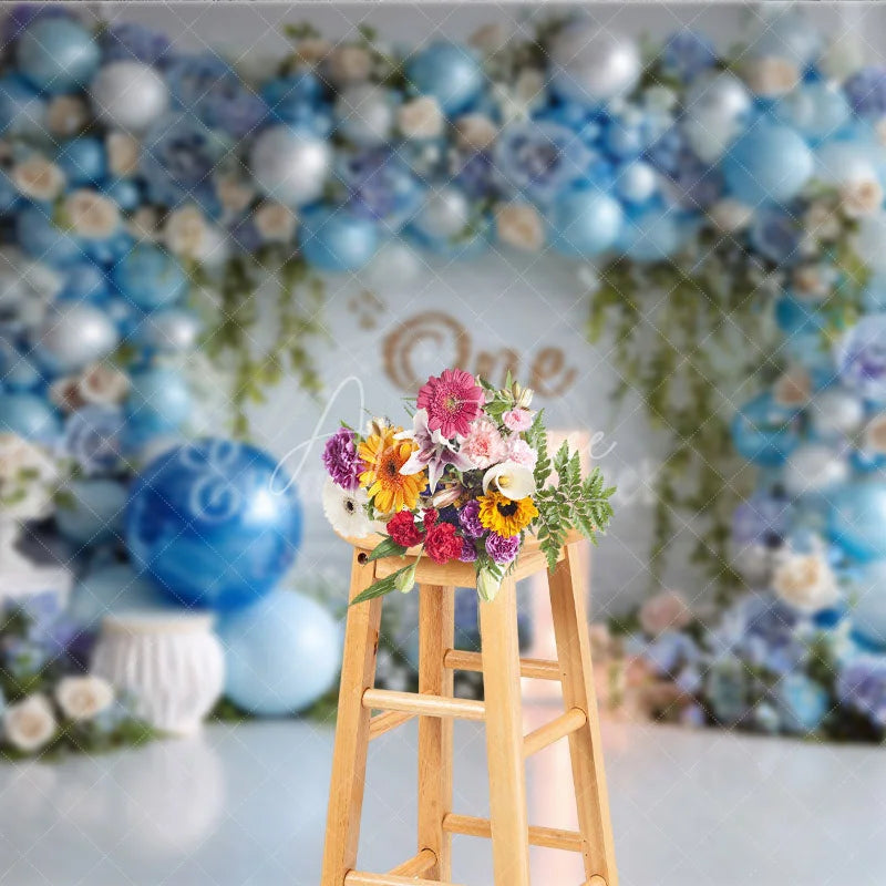 Aperturee - Aperturee Blue Balloon and Floral First Birthday Photography Backdrop Elegant Baby Shower Party Decor