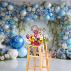 Aperturee - Aperturee Blue Balloon and Floral First Birthday Photography Backdrop Elegant Baby Shower Party Decor