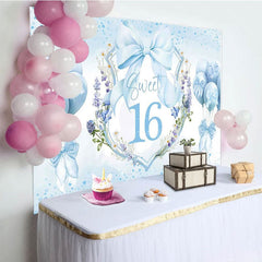Aperturee - Aperturee Blue Balloons Bow Floral Sweet 16 Birthday Backdrop