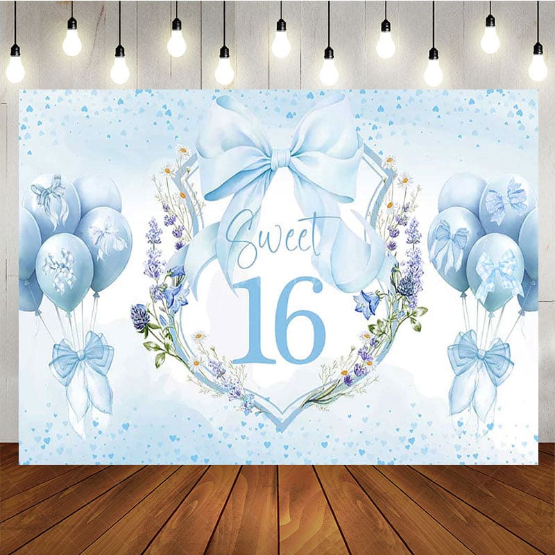 Aperturee - Aperturee Blue Balloons Bow Floral Sweet 16 Birthday Backdrop