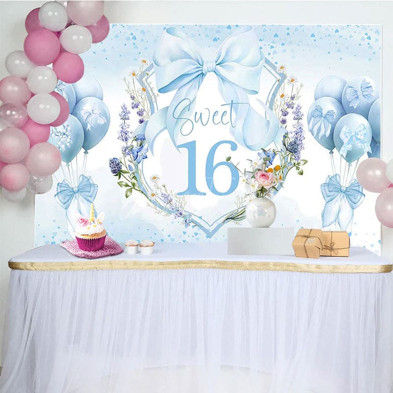 Aperturee - Aperturee Blue Balloons Bow Floral Sweet 16 Birthday Backdrop