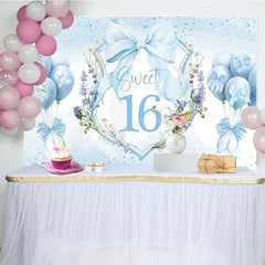 Aperturee - Aperturee Blue Balloons Bow Floral Sweet 16 Birthday Backdrop