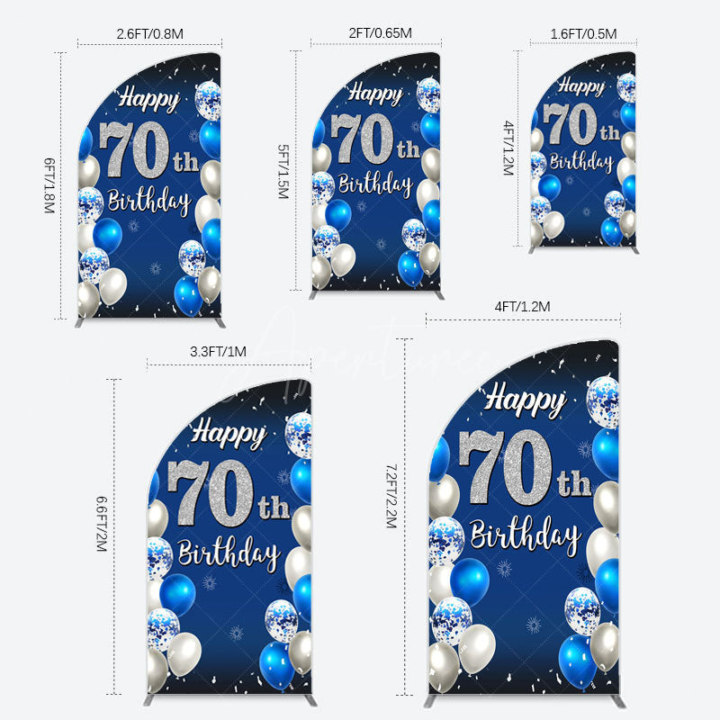 Aperturee - Aperturee Blue Balloons Silver 70Th Birthday Half Moon Arch Backdrop