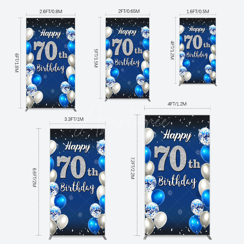 Aperturee - Aperturee Blue Balloons Silver 70Th Birthday Rectangle Backdrop