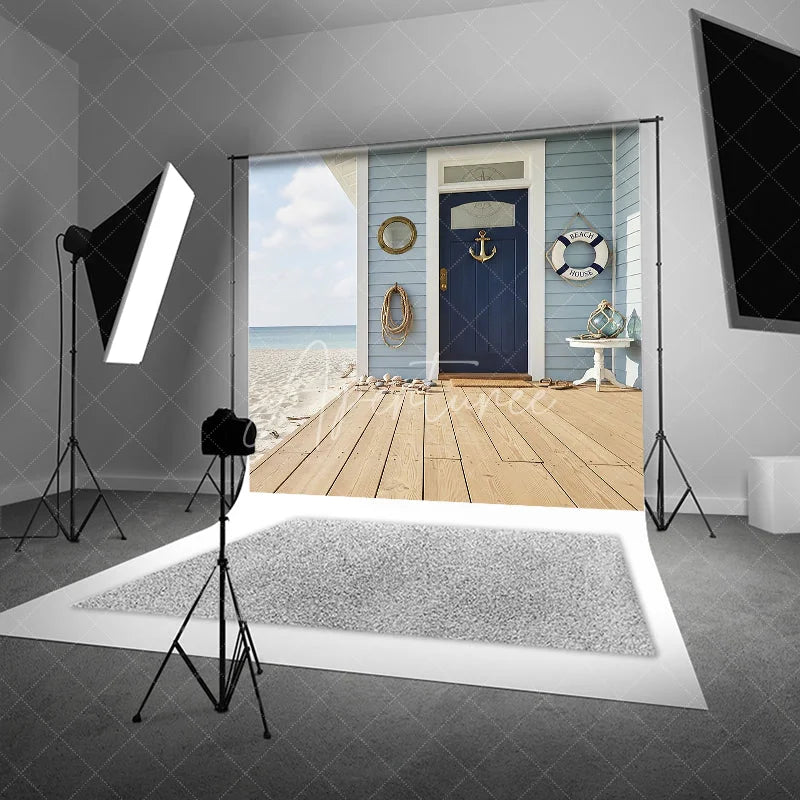 Aperturee - Aperturee Blue Beach House Nautical Anchor Door Photography Backdrop Wooden Deck and Ocean Seaside Decor