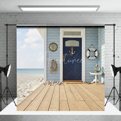 Aperturee - Aperturee Blue Beach House Nautical Anchor Door Photography Backdrop Wooden Deck and Ocean Seaside Decor