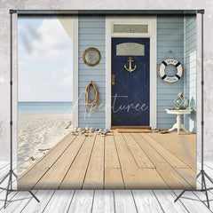 Aperturee - Aperturee Blue Beach House Nautical Anchor Door Photography Backdrop Wooden Deck and Ocean Seaside Decor