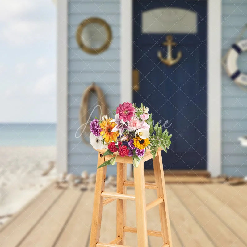 Aperturee - Aperturee Blue Beach House Nautical Anchor Door Photography Backdrop Wooden Deck and Ocean Seaside Decor