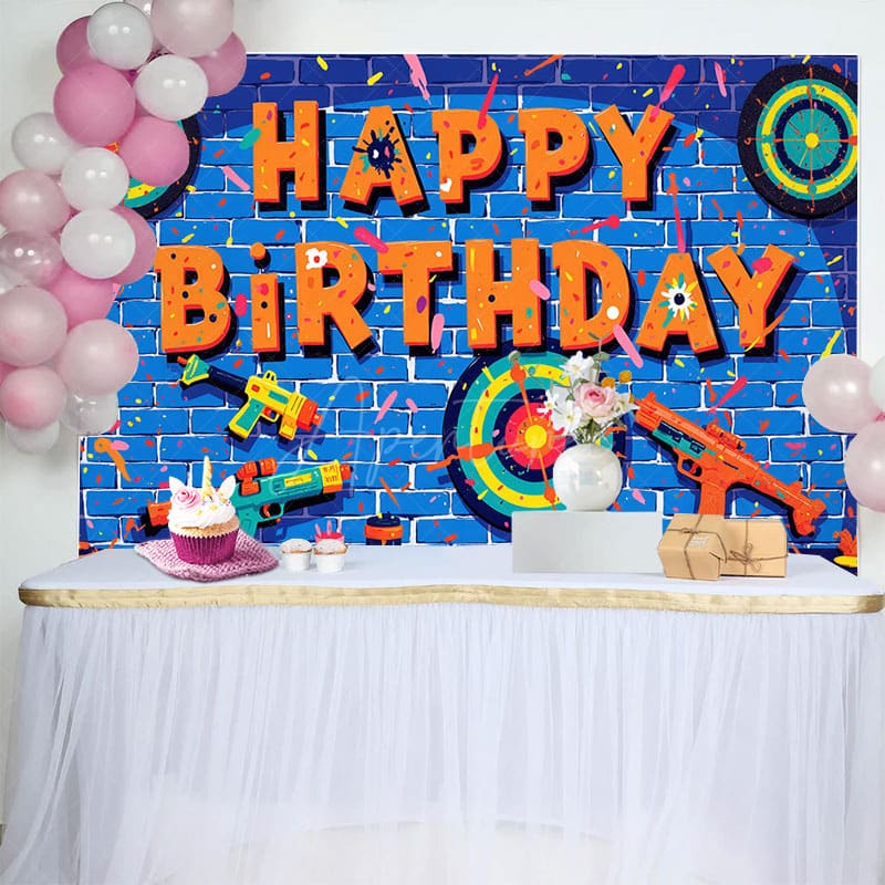 Aperturee - Aperturee Blue Bricks Wall Darts Game Happy Birthday Backdrop
