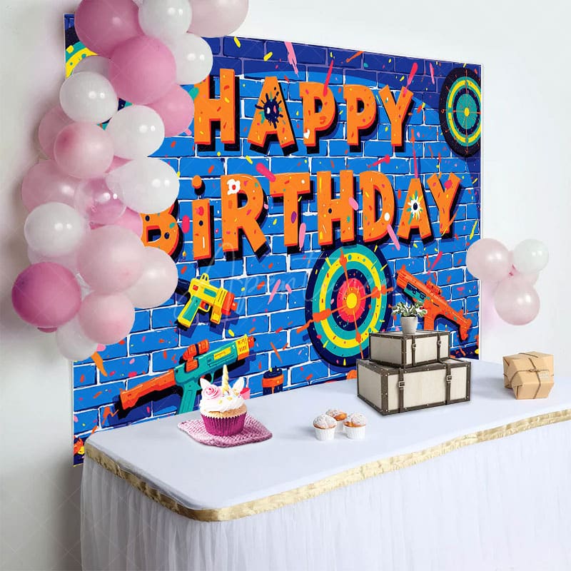 Aperturee - Aperturee Blue Bricks Wall Darts Game Happy Birthday Backdrop