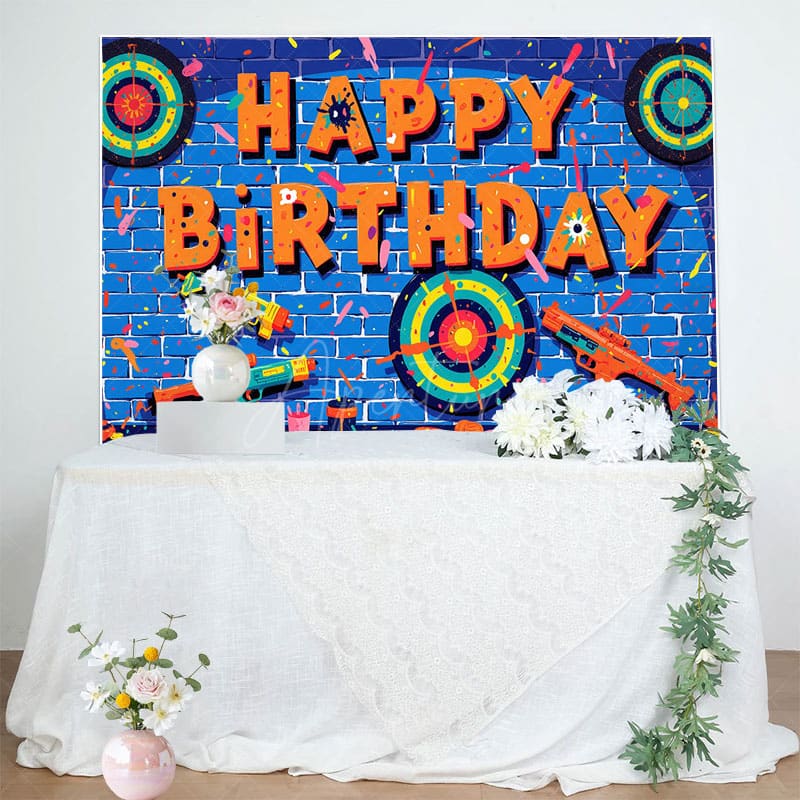 Aperturee - Aperturee Blue Bricks Wall Darts Game Happy Birthday Backdrop