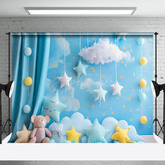 Aperturee - Aperturee Blue Cloud Sky Curtain Bear Star Cake Smash Backdrop