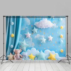 Aperturee - Aperturee Blue Cloud Sky Curtain Bear Star Cake Smash Backdrop