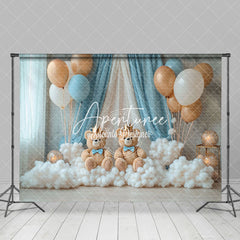 Aperturee - Aperturee Blue Curtain Balloons Bears Cake Smash Backdrop