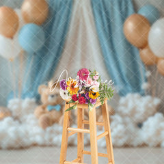 Aperturee - Aperturee Blue Curtain Balloons Bears Cake Smash Backdrop