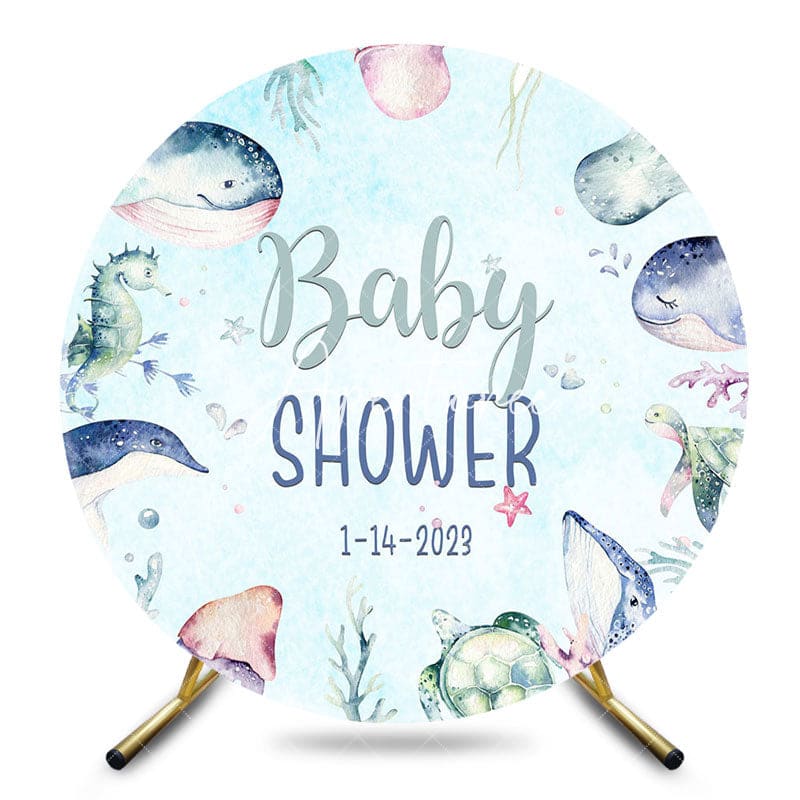 Aperturee - Aperturee Blue Cute Undersea Animals Baby Shower Round Backdrop