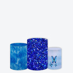 Aperturee - Aperturee Blue Cylinder Cover with Glitter and Butterfly Designs Elegant Party Decorations and Celebration Display