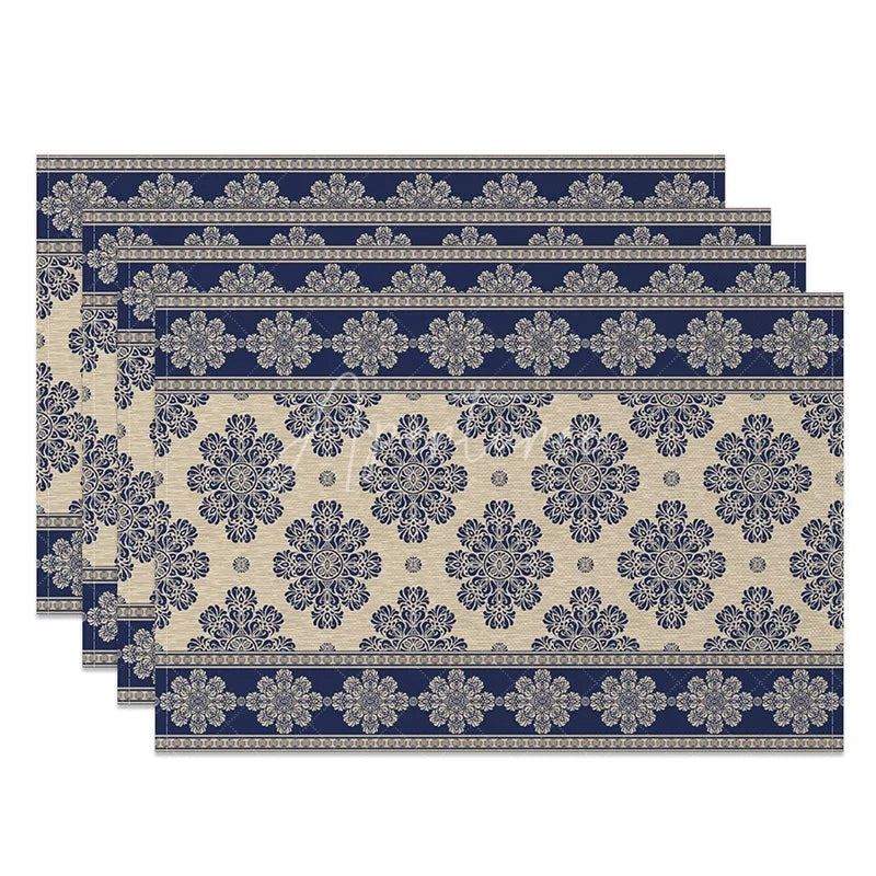 Aperturee - Aperturee Blue Damask Set of 4 Placemats Vintage Paisley Floral Pattern Elegant Beige Border Table Mats