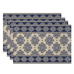 Aperturee - Aperturee Blue Damask Set of 4 Placemats Vintage Paisley Floral Pattern Elegant Beige Border Table Mats