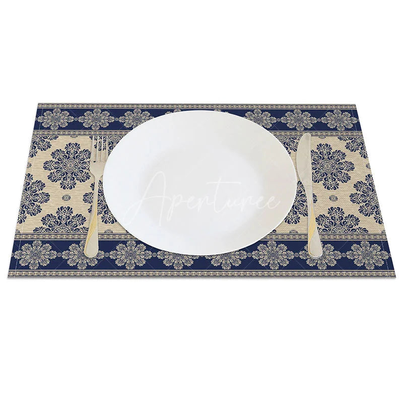 Aperturee - Aperturee Blue Damask Set of 4 Placemats Vintage Paisley Floral Pattern Elegant Beige Border Table Mats