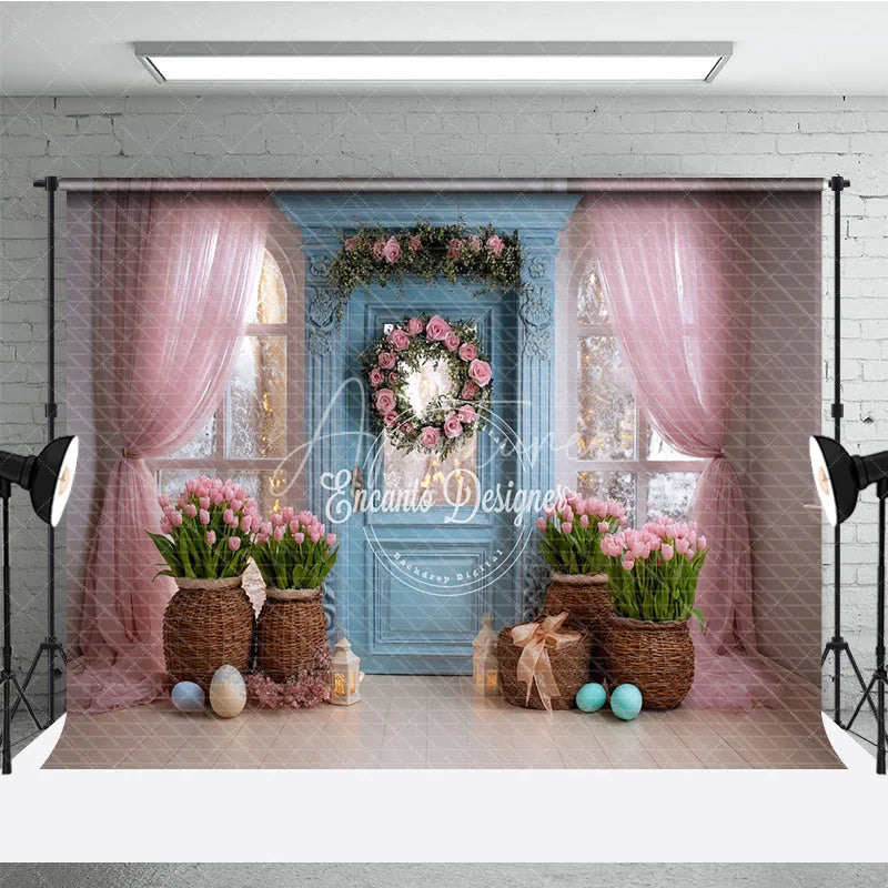 Aperturee - Aperturee Blue Door Pink Tulips Easter Photography Backdrop Rose Wreath and Tulle Curtains Studio Background